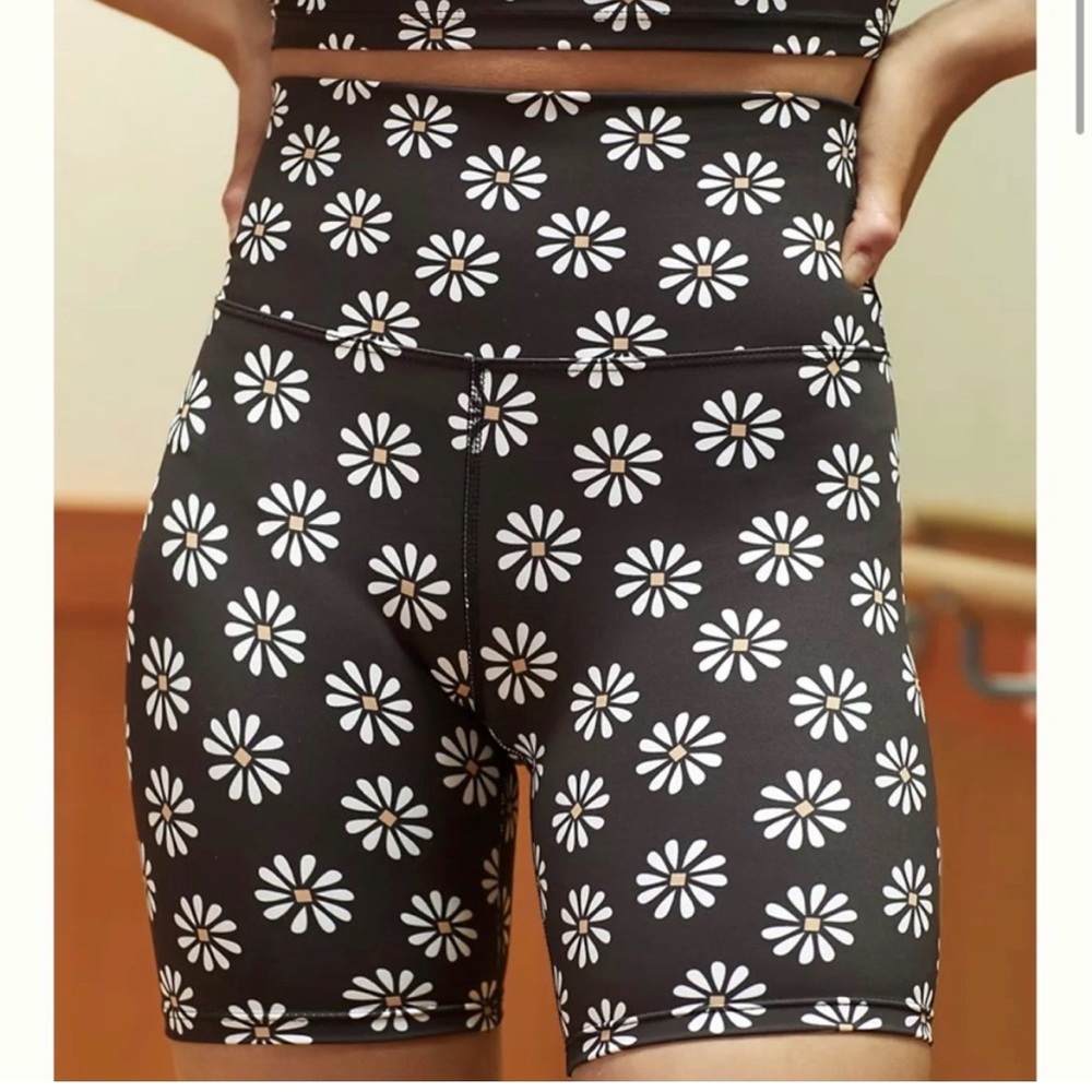 Beach Riot Black Daisy Print High-Waist Athletic Shorts